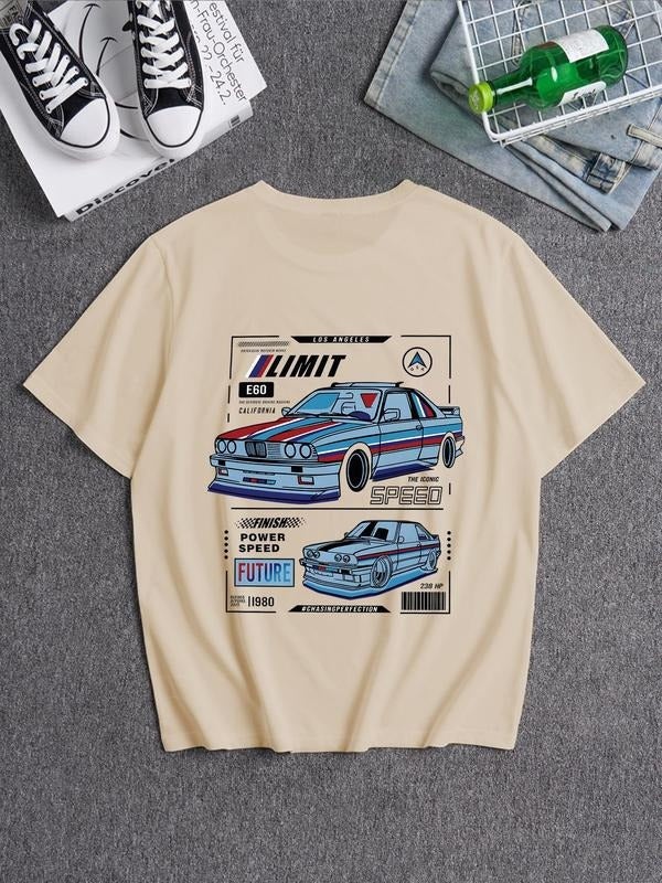 Men's Car & Letter Print Round Neck Tee, Loose Casual Short Sleeve T-shirt for Summer, Men's Top for Daily Wear style 02...