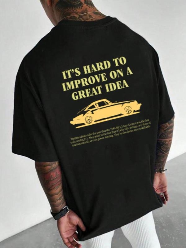 Men's Car & Letter Print Round Neck Tee, Loose Casual Short Sleeve T-shirt for Summer, Men's Top for Daily Wear Hoodie,...