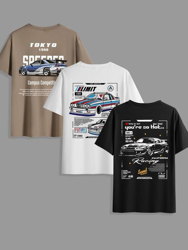 Men's Car & Letter Print Tee, Regular Fit Casual Short Sleeve Round Neck T-shirt for Summer, Men's Top for Daily Wear,...