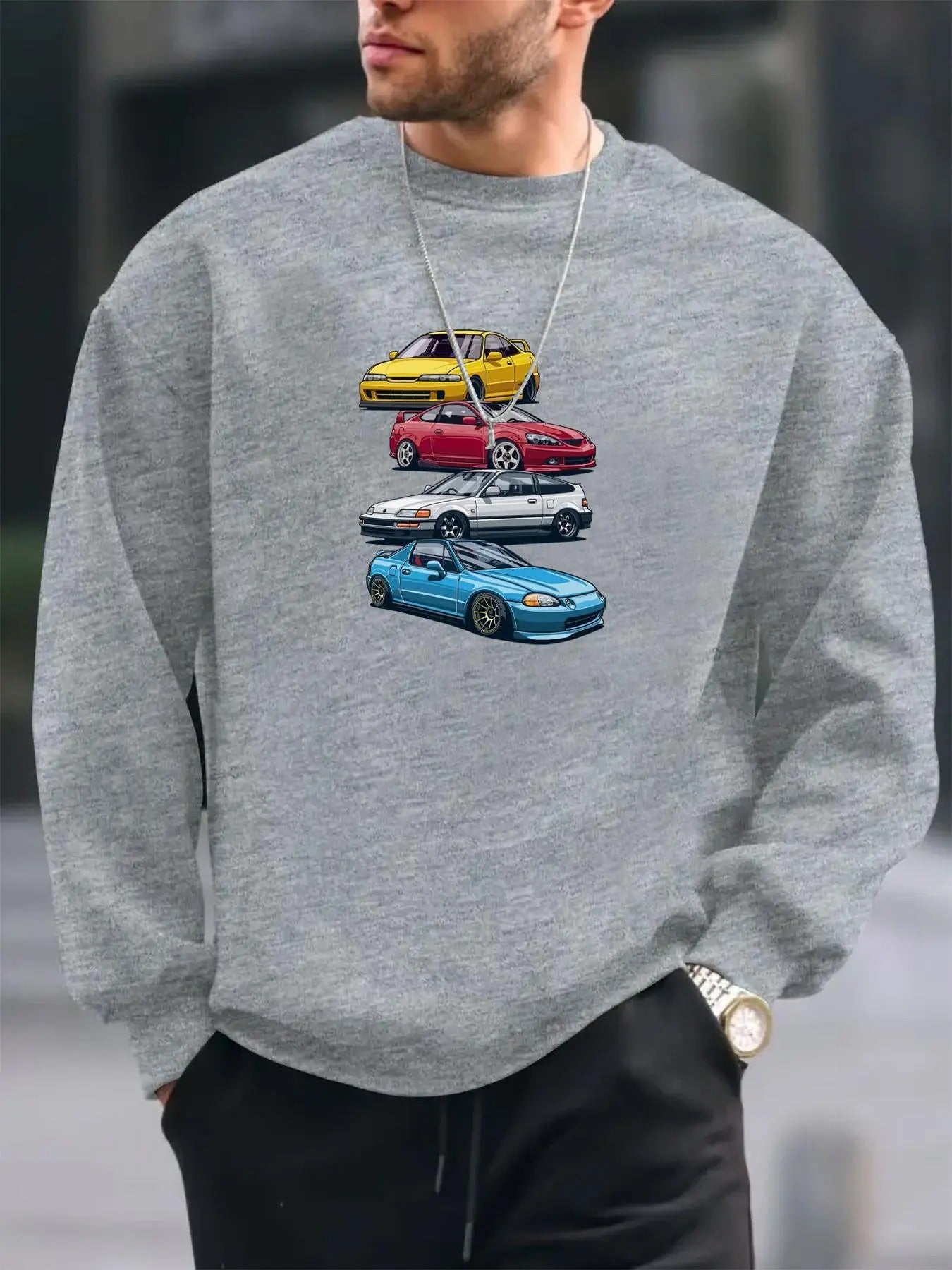 Men's Car Print Round Neck Sweatshirt, Regular Fit Casual Fashion Long Sleeve Pullover for Daily Wear, Men's Top for All...
