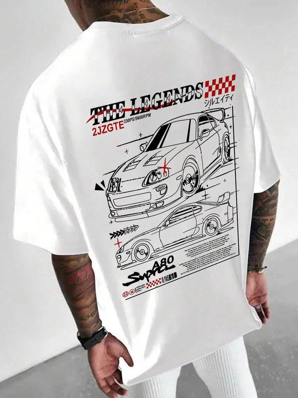 Men's Car Print Round Neck Tee, Regular Fit Casual Short Sleeve T-shirt for Summer, Men's Top for Daily Wear, Tropical...