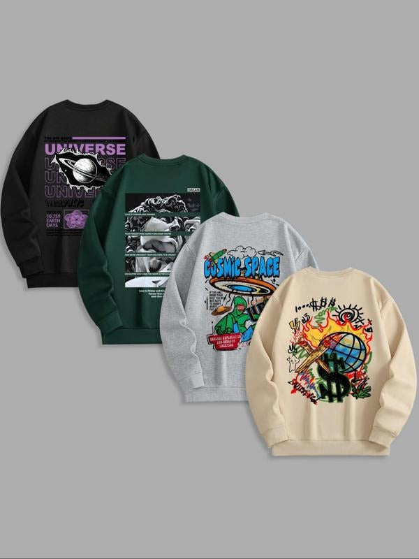 Men's Cartoon & Letter & Planet Print Drop Shoulder Sweatshirt, Regular Fit Casual Long Sleeve Round Neck Pullover for...