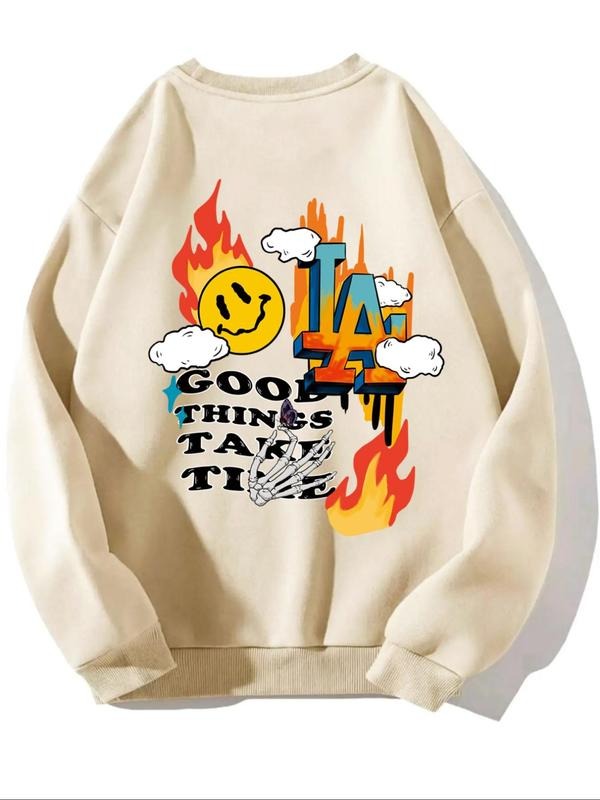 Men's Cartoon & Letter Print Drop Shoulder Sweatshirt, Regular Fit Casual Soft Comfy Long Sleeve Round Neck Pullover for...
