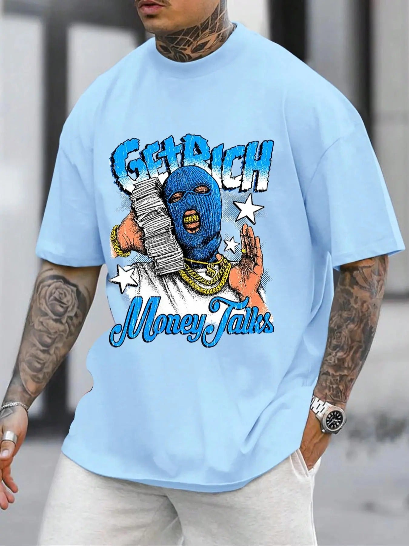 Men's Cartoon & Letter Print Drop Shoulder Tee, Regular Fit Casual Comfy Round Neck Half Sleeve T-Shirt for Summer,...