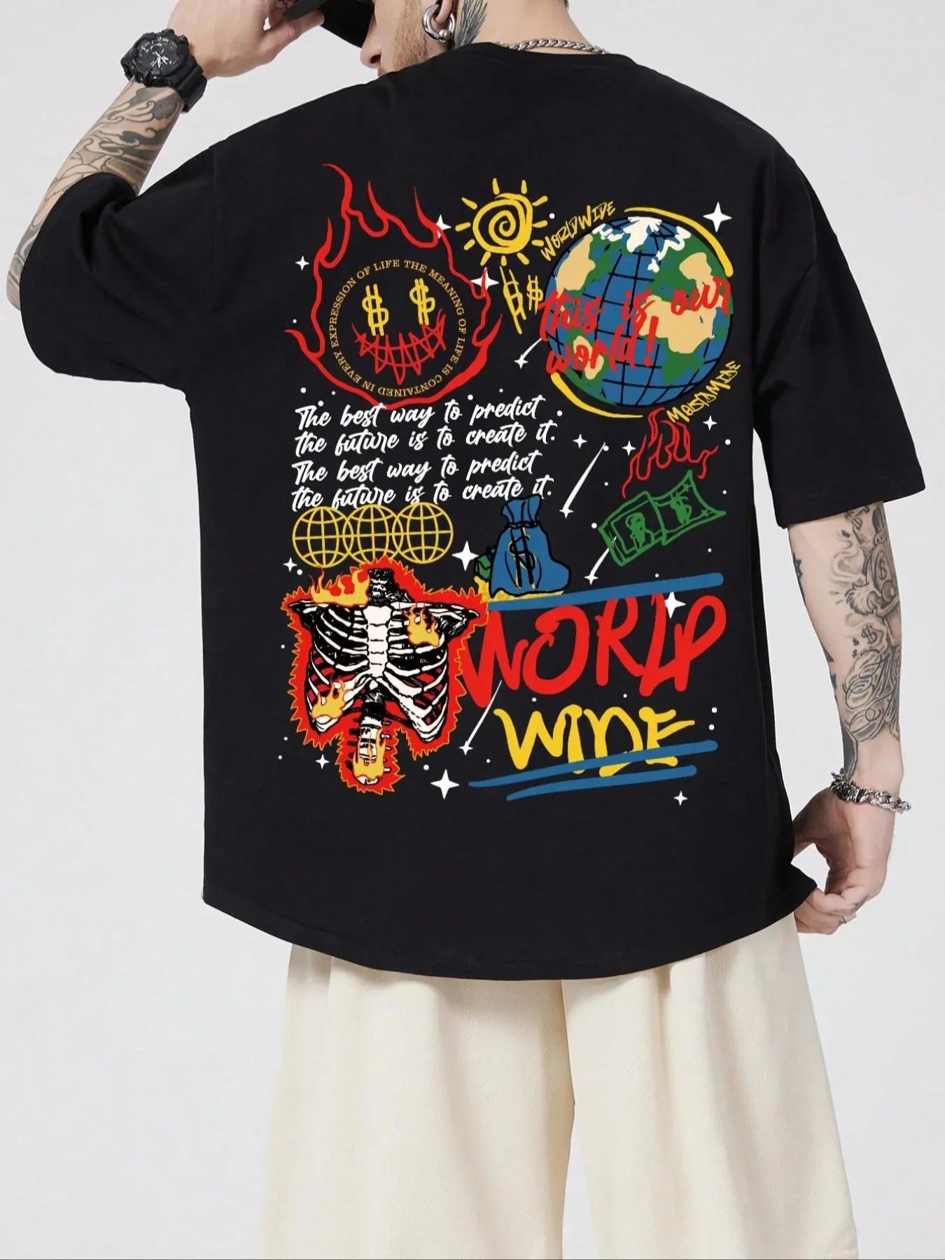 Men's Cartoon & Letter Print Drop Shoulder Tee, Regular Fit Casual Comfy Round Neck Half Sleeve T-Shirt for Summer,...