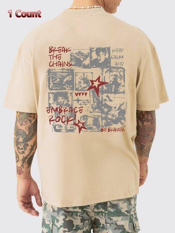 Men's Cartoon & Letter Print Drop Shoulder Tee, Regular Fit Casual Short Sleeve Round Neck T-shirt for Summer, Slogan...