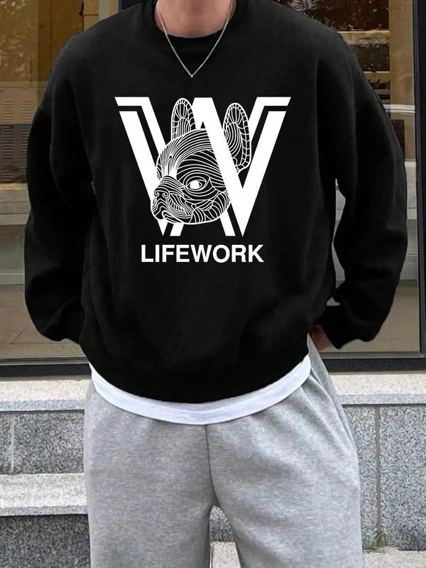 Men's Cartoon & Letter Print Drop Shoulder Thermal Lined Sweatshirt, Regular Fit Casual Soft Comfy Long Sleeve Round Neck...