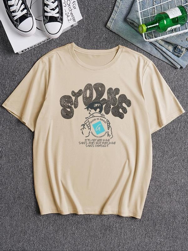 Men's Cartoon & Letter Print Round Neck Tee, Loose Casual Fashion Short Sleeve T-shirt for Daily Wear, Men's Top for All...