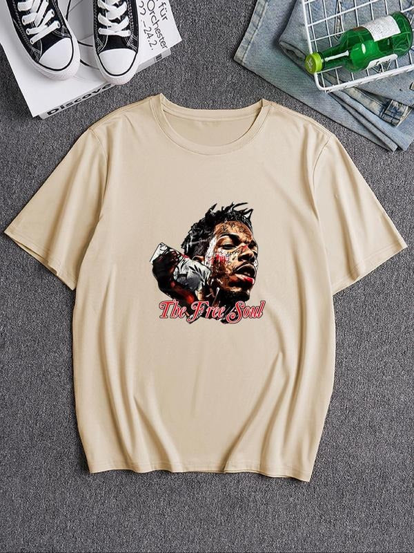 Men's Cartoon & Letter Print Round Neck Tee, Loose Casual Fashion Short Sleeve T-shirt for Summer, Men's Top for Daily...