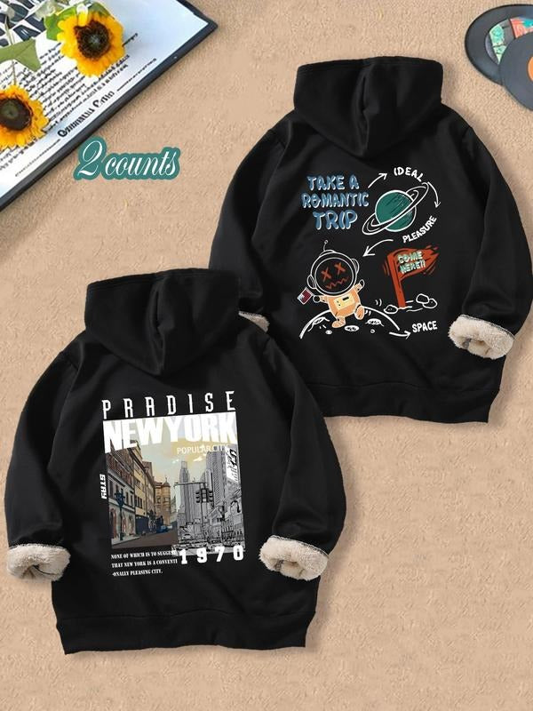 Men's Cartoon & Letter Print Thermal Lined Hoodie, Casual Graphic Long Sleeve Hooded Sweatshirt for Winter, Men's Top for...