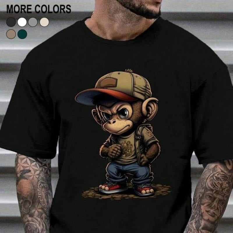 Men's Cartoon  Monkey Print Round Neck Tee, Regular Fit Casual Short Sleeve Crew Neck T-shirt for Summer, Fashion Men's...