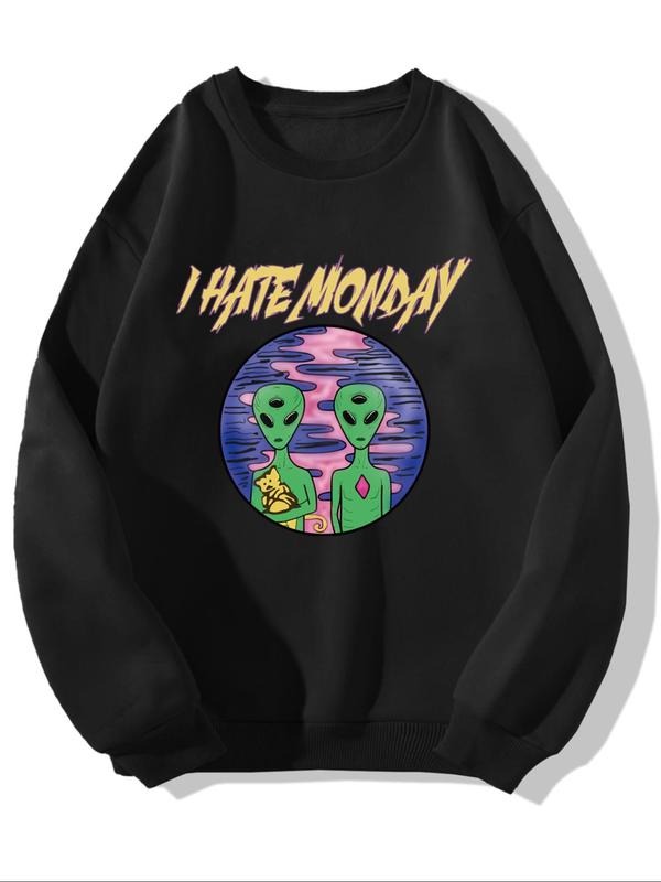 Men's Cartoon Alien & Letter Print Drop Shoulder Sweatshirt, Regular Fit Casual Soft Comfy Long Sleeve Round Neck...