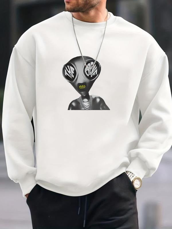 Men's Cartoon Alien Print Drop Shoulder Sweatshirt, Regular Fit Casual Long Sleeve Round Neck Pullover for Fall & Winter,...
