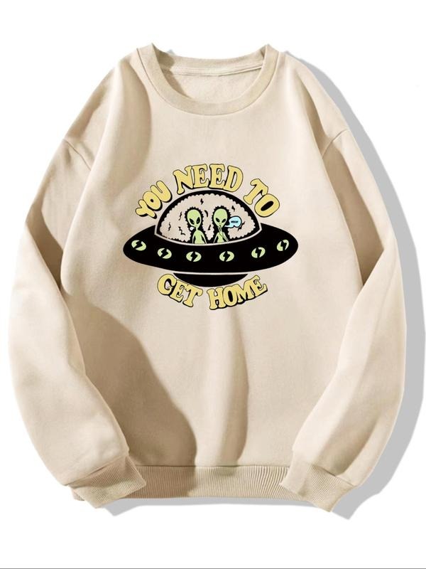 Men's Cartoon Alien Print Drop Shoulder Sweatshirt, Regular Fit Casual Long Sleeve Round Neck Pullover for Fall & Winter,...