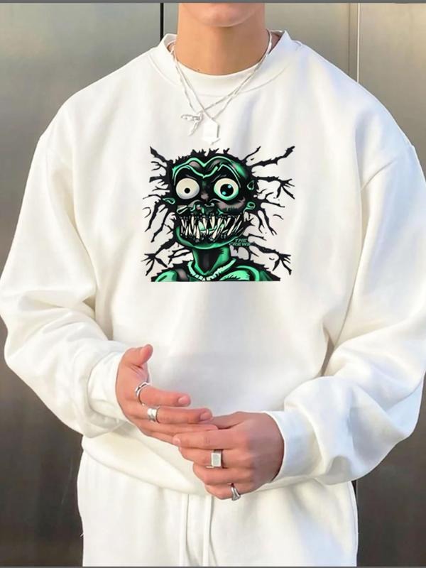 Men's Cartoon Alien Print Drop Shoulder Sweatshirt, Regular Fit Casual Long Sleeve Round Neck Pullover for Fall & Winter,...