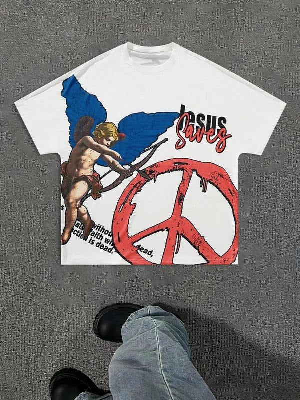 Men's Cartoon Angel & Letter Print Round Neck Tee, Regular Fit Casual Short Sleeve T-shirt for Summer, Men's Top for...