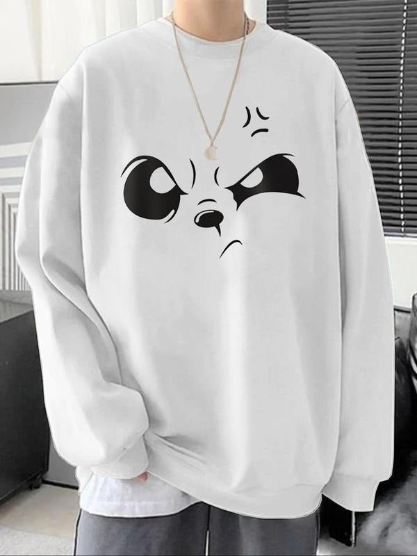 Men's Cartoon Angry Pattern Drop Shoulder Sweatshirt, Regular Fit Casual Soft Comfy Long Sleeve Round Neck Pullover for...