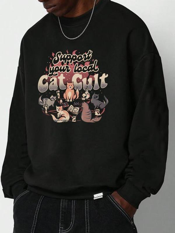 Men's Cartoon Animal & Letter Print Drop Shoulder Sweatshirt, Regular Fit Casual Soft Comfy Long Sleeve Round Neck...