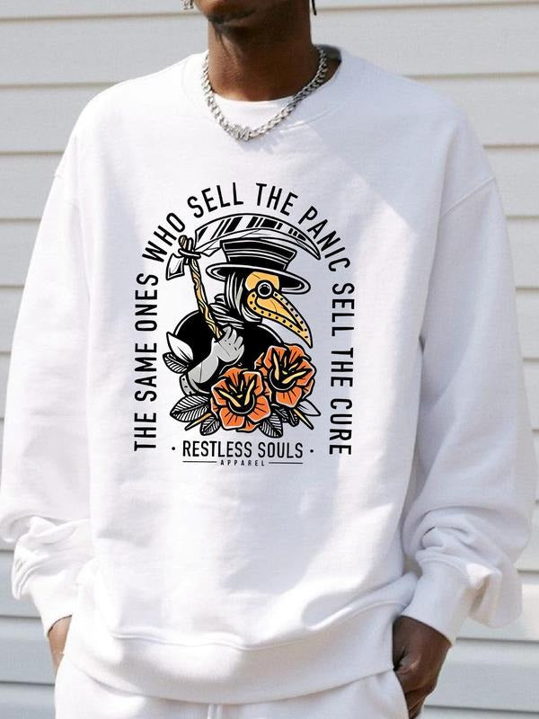Men's Cartoon Animal & Letter Print Drop Shoulder Thermal Lined Sweatshirt, Regular Fit Casual Soft Comfy Long Sleeve...