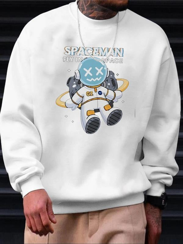 Men's Cartoon Astronaut & Letter Print Drop Shoulder Sweatshirt, Regular Fit Casual Soft Comfy Long Sleeve Round Neck...