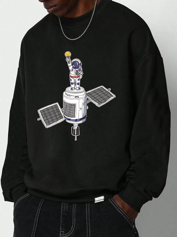 Men's Cartoon Astronaut & Satellite Print Drop Shoulder Sweatshirt, Loose Cute Soft Comfy Long Sleeve Round Neck Pullover...