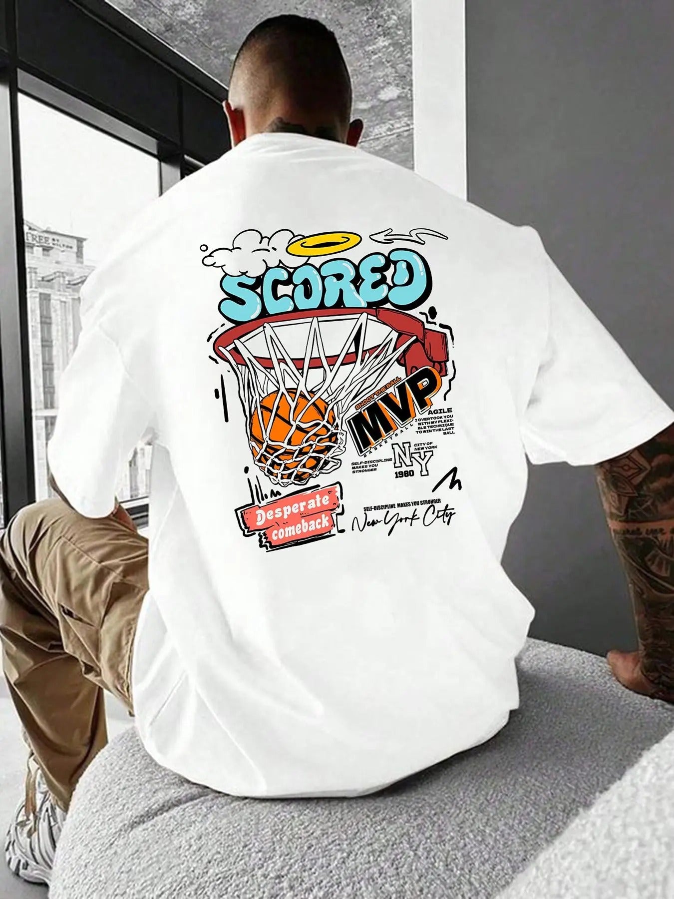 Men's Cartoon Basketball & Letter Print Drop Shoulder Tee, Loose Casual Short Sleeve Round Neck Graphic T-shirt for...