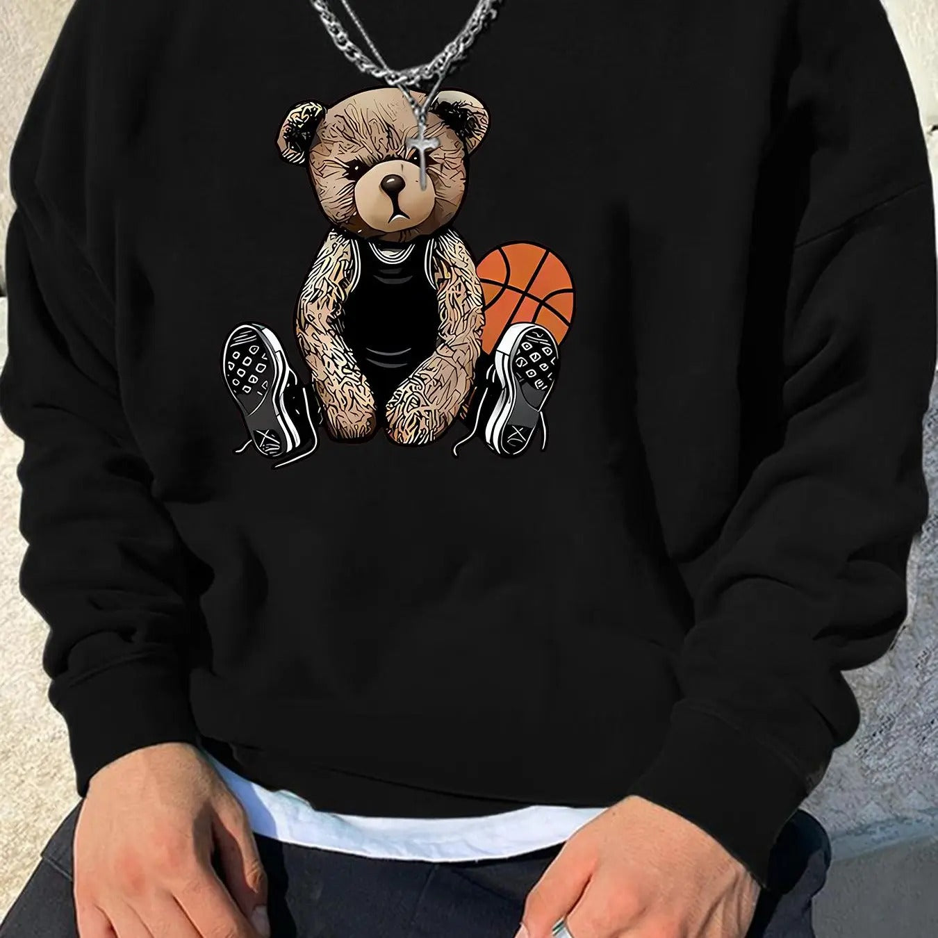 Men's Cartoon Bear & Basketball Print Drop Shoulder Sweatshirt, Regular Fit Casual Soft Comfy Long Sleeve Round Neck...