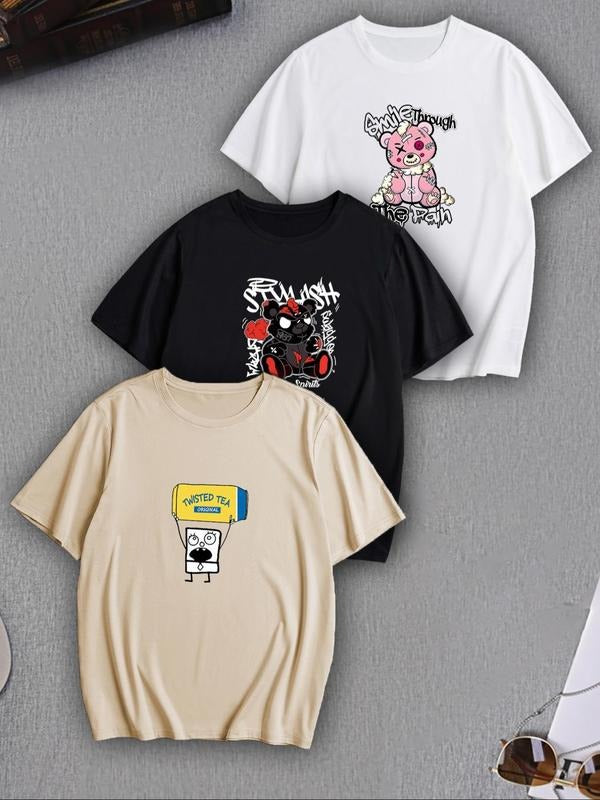 Men's Cartoon Bear & Letter Graphic Drop Shoulder Tee, Loose Casual Short Sleeve Round Neck T-shirt for Summer, Men's Top...