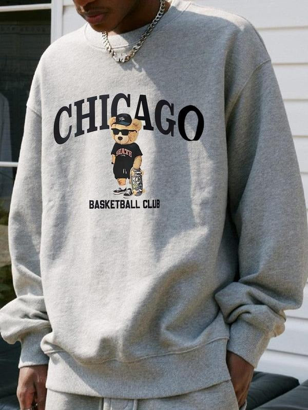 Men's Cartoon Bear & Letter Print Drop Shoulder Sweatshirt, Casual Soft Comfy Long Sleeve Crew Neck Pullover for Fall &...