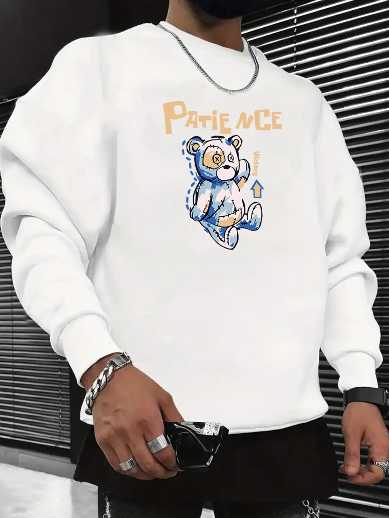 Men's Cartoon Bear & Letter Print Drop Shoulder Sweatshirt, Regular Fit Casual Soft Comfy Long Sleeve Round Neck Pullover...