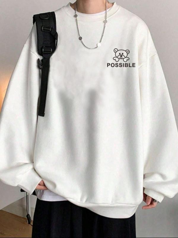 Men's Cartoon Bear & Letter Print Drop Shoulder Sweatshirt, Regular Fit Casual Soft Comfy Long Sleeve Round Neck Pullover...