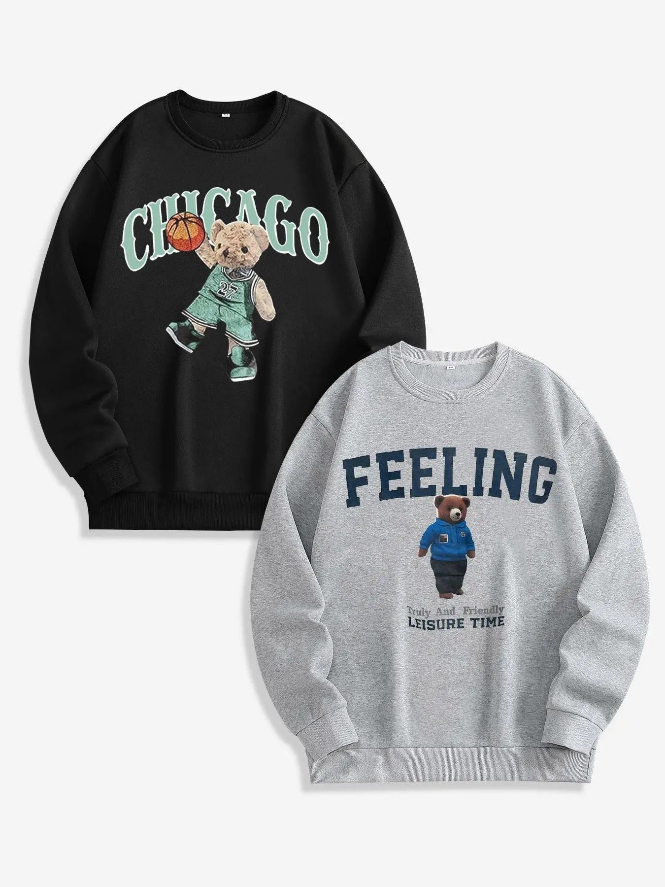 Men's Cartoon Bear & Letter Print Drop Shoulder Sweatshirt, Regular Fit Casual Soft Comfy Long Sleeve Round Neck Pullover...