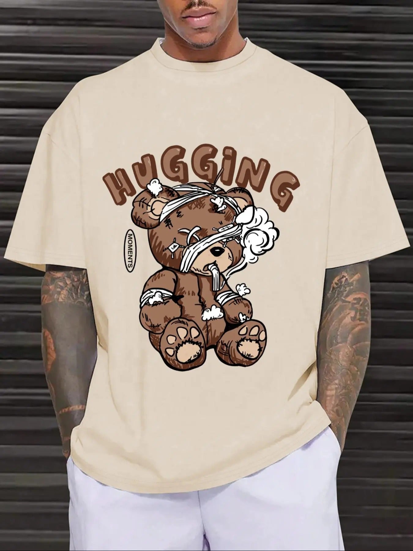 Men's Cartoon Bear & Letter Print Drop Shoulder Tee, Loose Casual Street Short Sleeve Round Neck T-shirt for Summer,...