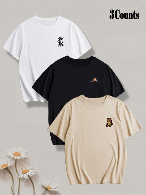 Men's Cartoon Bear & Letter Print Round Neck Tee, Loose Casual Comfy Breathable Short Sleeve Crew Neck T-shirt for...