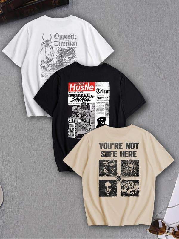 Men's Cartoon Bear & Spider & Skull Print Round Neck Graphic Tee, Loose Street Fashion Drop Shoulder Short Sleeve T-shirt...