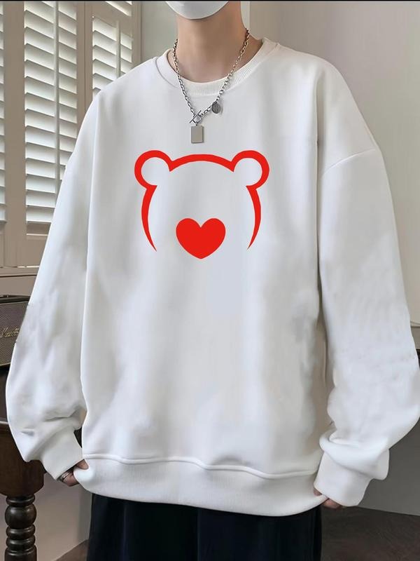 Men's Cartoon Bear Print Drop Shoulder Sweatshirt, Regular Fit Casual Long Sleeve Round Neck Pullover for Fall & Winter,...