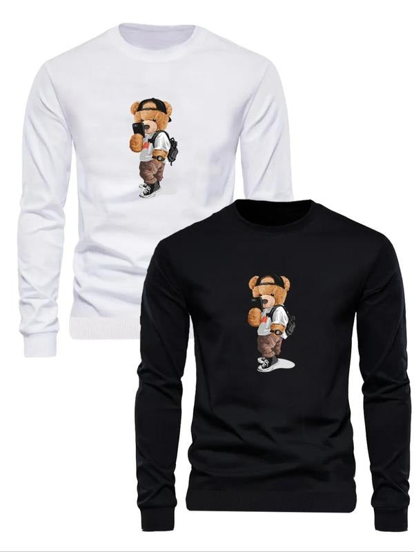 Men's Cartoon Bear Print Round Neck Sweatshirt, Regular Fit Casual Fashion Long Sleeve Pullover for Fall & Winter, Men's...