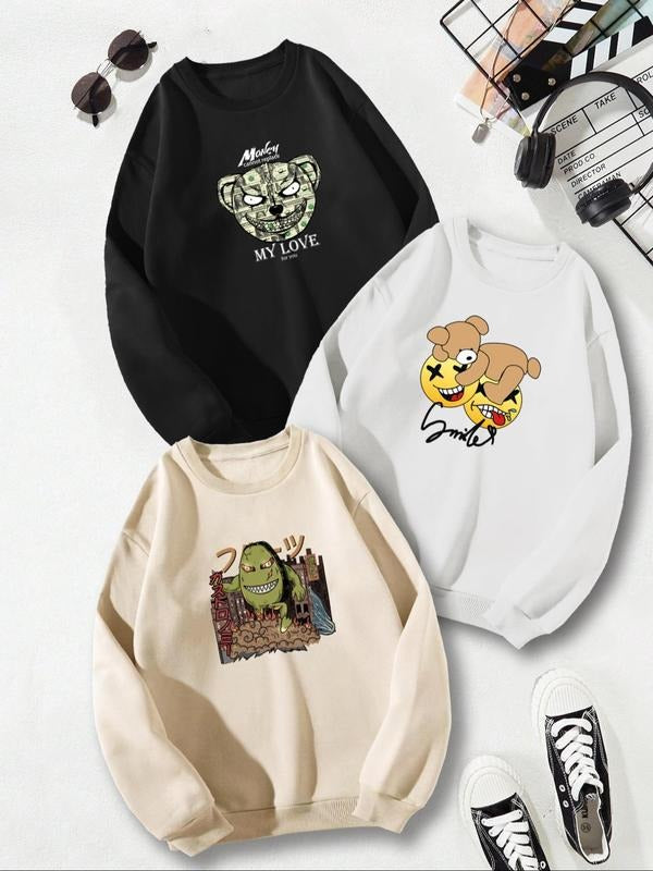 Men's Cartoon Bear Print Round Neck Sweatshirt, Regular Fit Casual Long Sleeve Pullover for Fall & Winter, Men's Clothes...