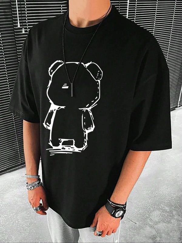 Men's Cartoon Bear Print Round Neck Tee, Loose Casual Drop Shoulder Short Sleeve T-shirt, Men's Summer Top for Daily Wear...