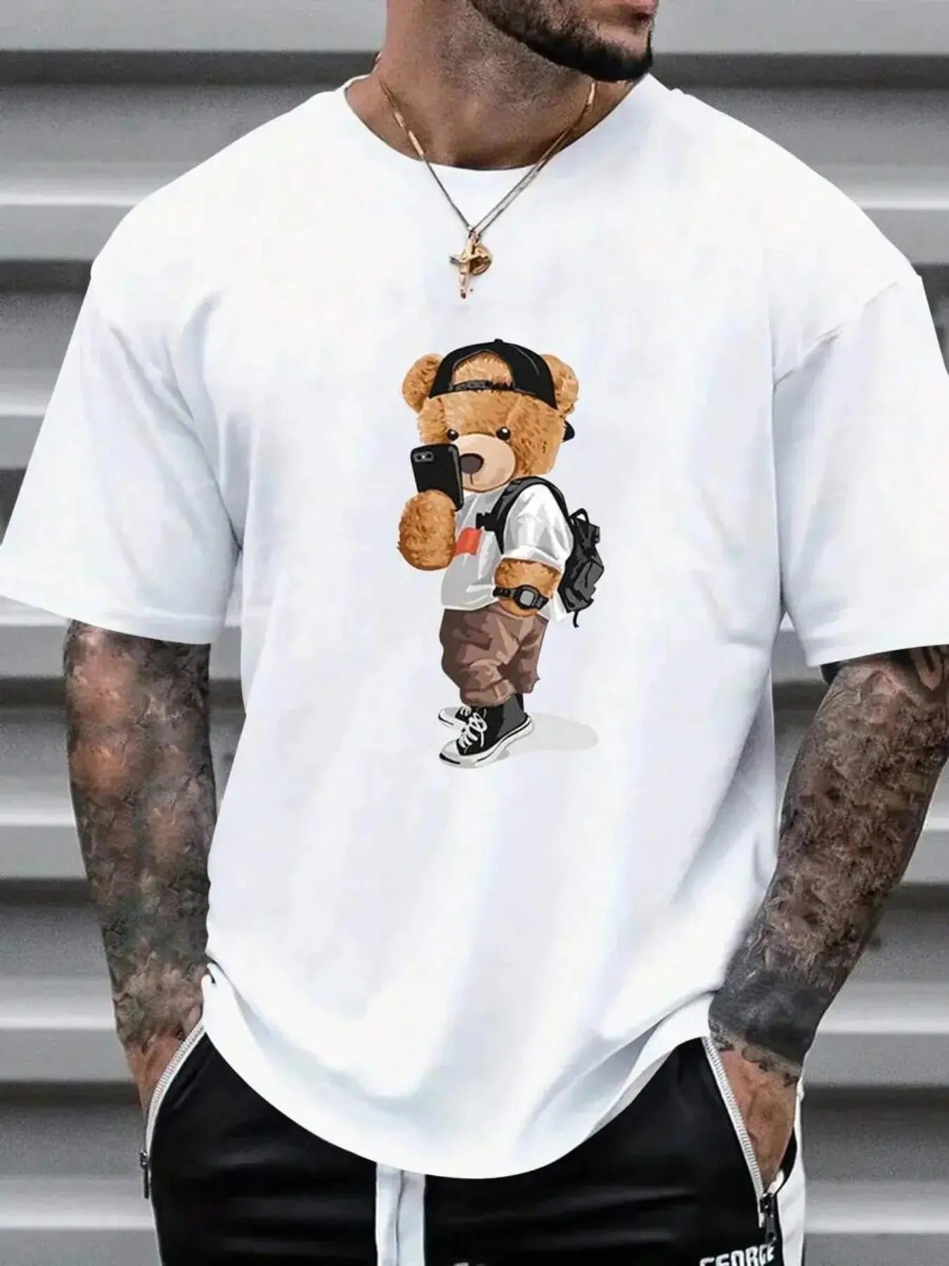 Men's Cartoon Bear Print Round Neck Tee, Regular Fit Casual Short Sleeve Crew Neck T-Shirt for Summer, Fashion Men's Top...