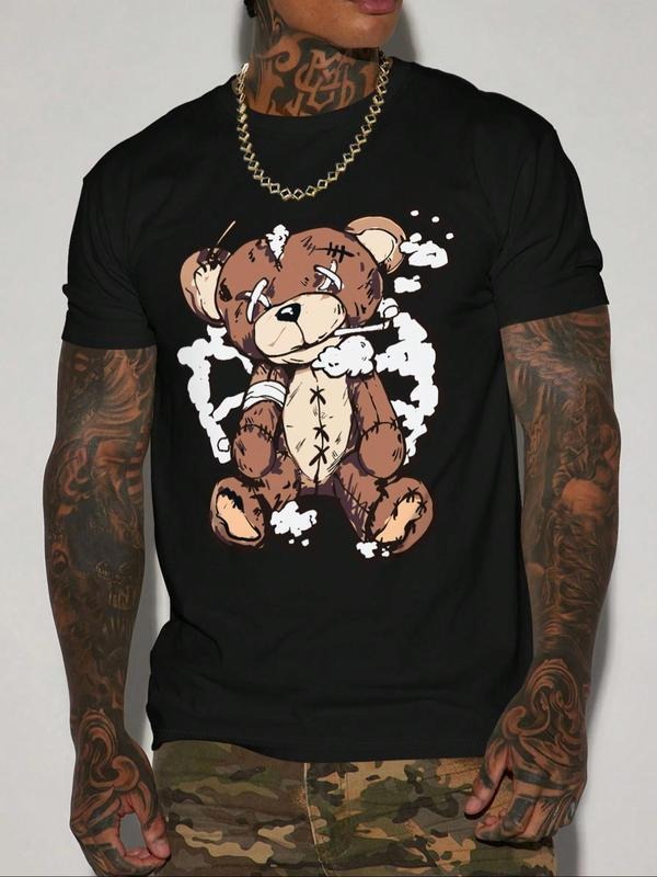 Men's Cartoon Bear Print Round Neck Tee, Regular Fit Casual Short Sleeve T-shirt for Summer, Men's Top for Daily Wear...