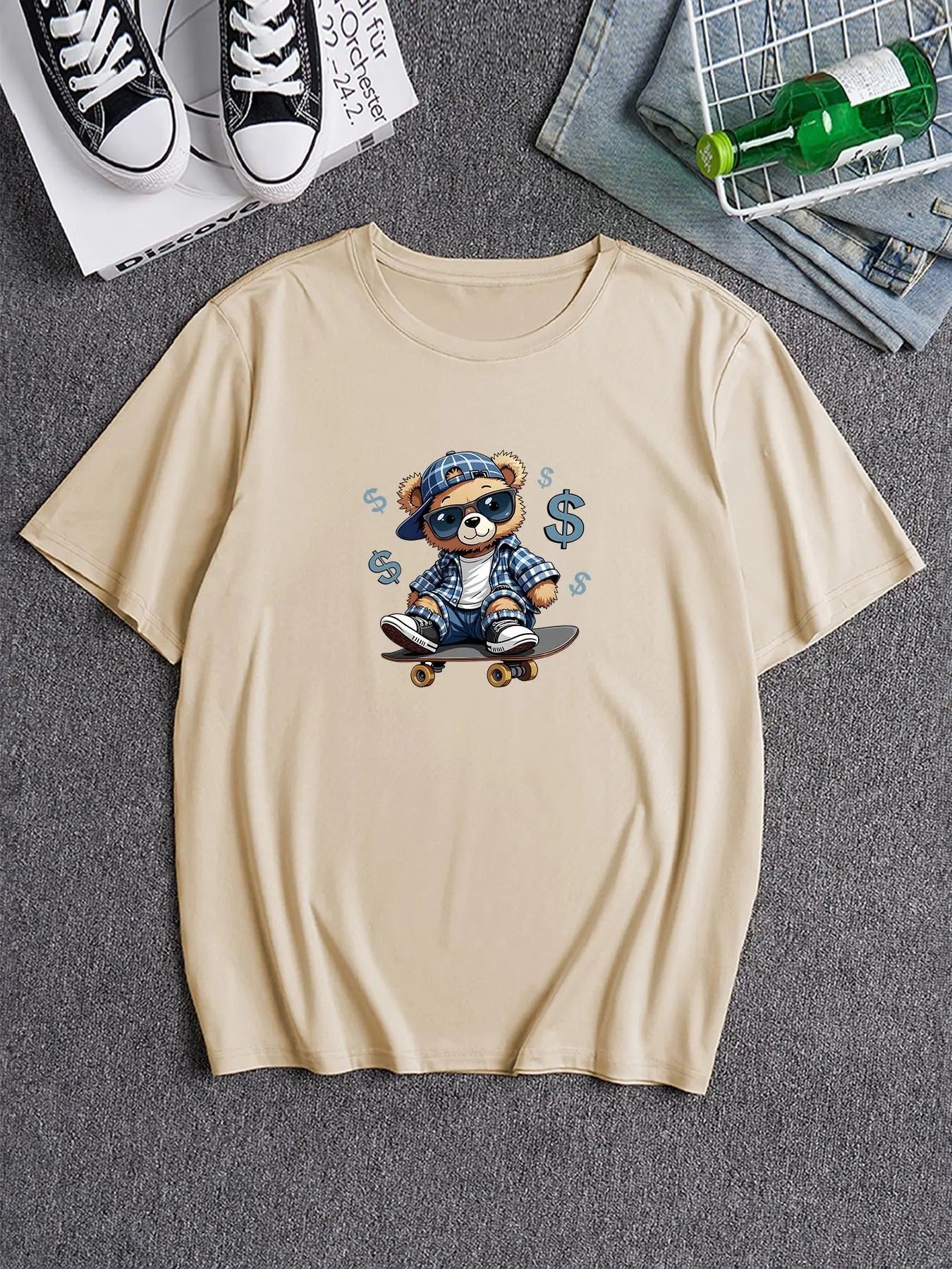 Men's Cartoon Bear Print Round Neck Tee, Regular Fit Casual Short Sleeve T-shirt, Men's Summer Top for Daily Wear Hoodie,...