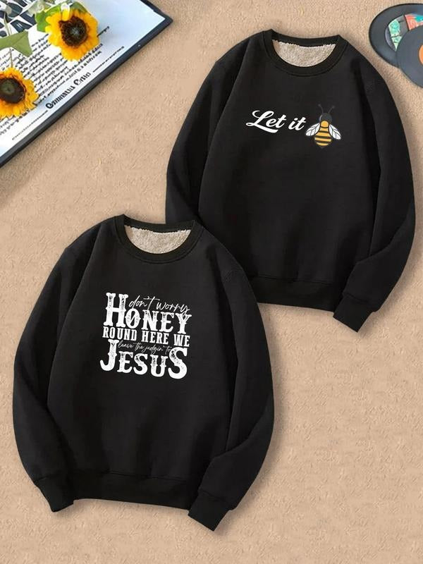 Men's Cartoon Bee & Letter Print Sweatshirt, Casual Round Neck Long Sleeve Pullover for Fall & Winter, Men's Clothes for...