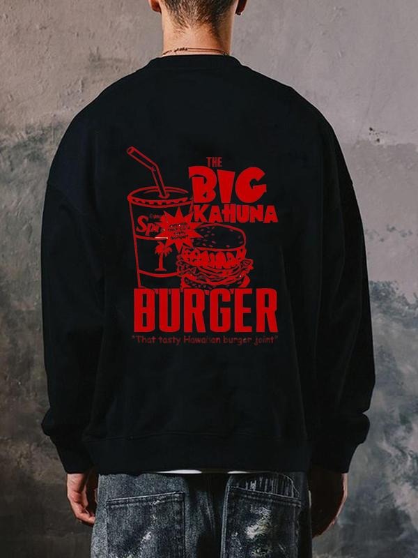 Men's Cartoon Burger & Drink &  Hawaiian Letter Print Drop Shoulder Sweatshirt, Regular Fit Casual Soft Comfy Long Sleeve...
