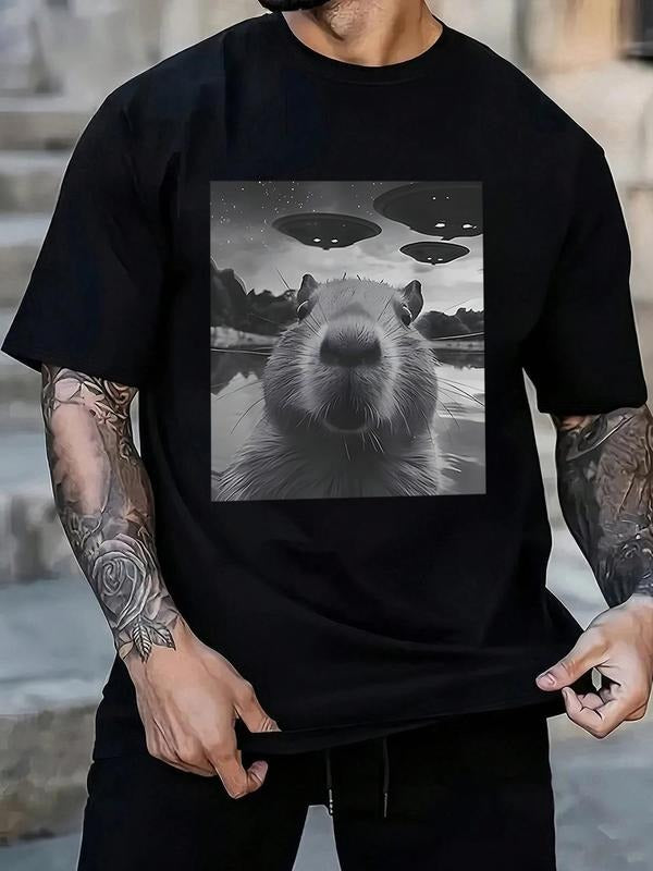 Men's Cartoon Capybara Print Round Neck Tee, Regular Fit Casual Short Sleeve T-shirt, Men's Summer Top for Daily Wear,...