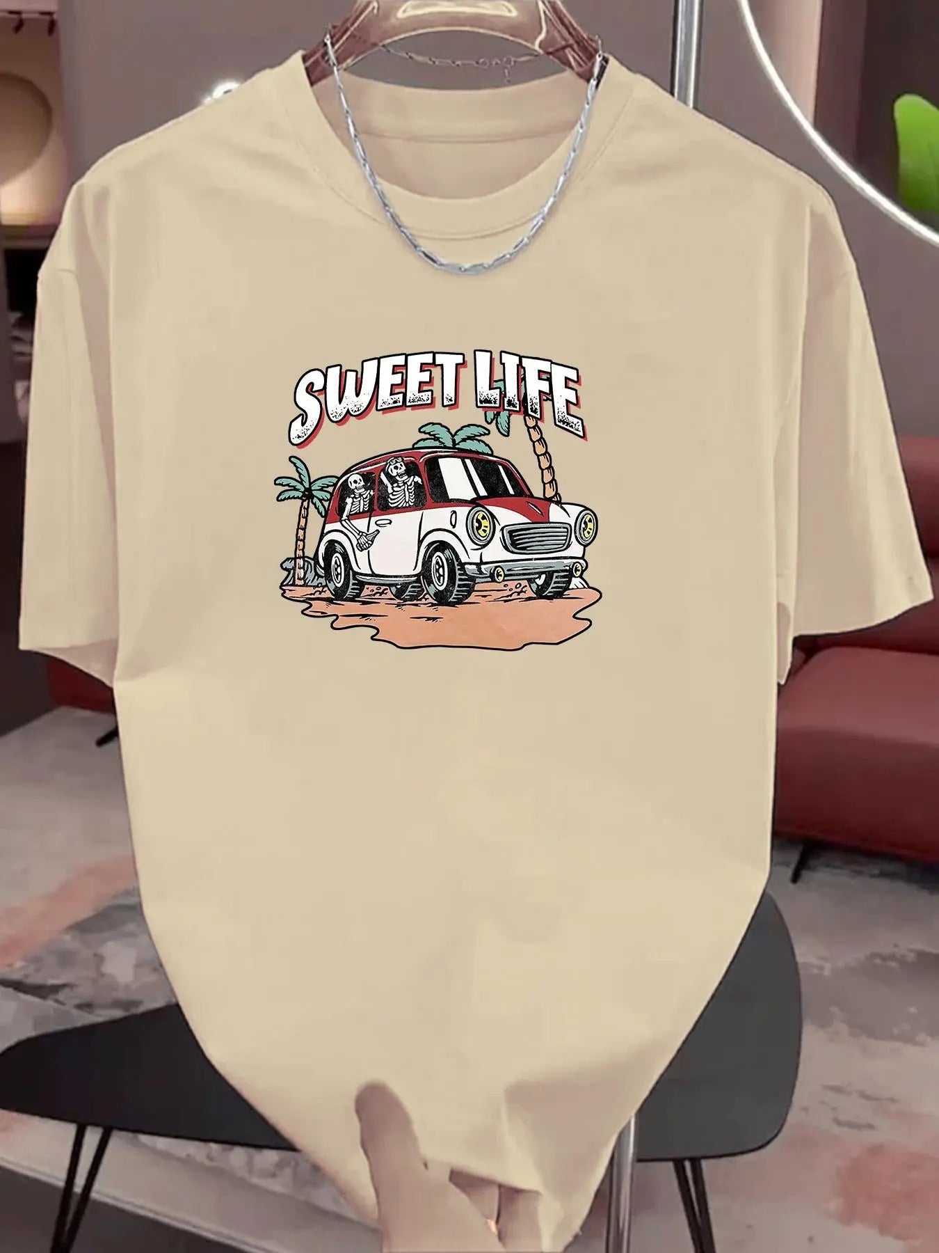 Men's Cartoon Car & Letter Print Round Neck Tee, Loose Casual Fashion Short Sleeve T-shirt for Summer, Men's Top for...