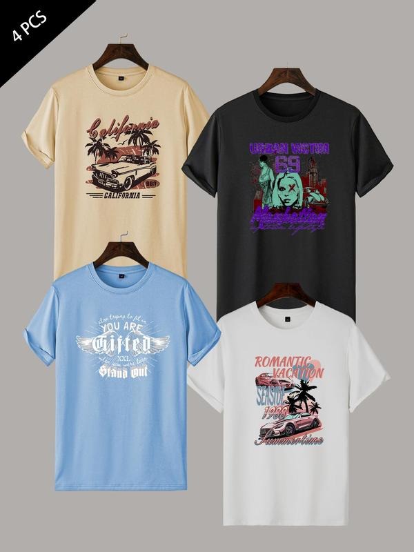 Men's Cartoon Car & Letter Print Round Neck Tee, Regular Fit Casual Short Sleeve T-shirt for Summer, Men's Top for Daily...