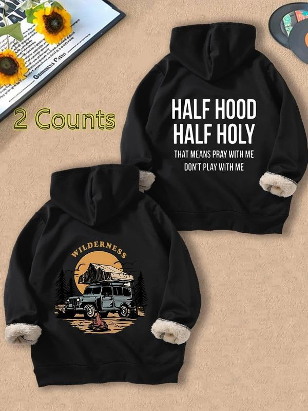 Men's Cartoon Car Graphic Print Hoodie, Casual Regular Fit Letter Print Long Sleeve Hooded Sweatshirt for Fall & Winter,...