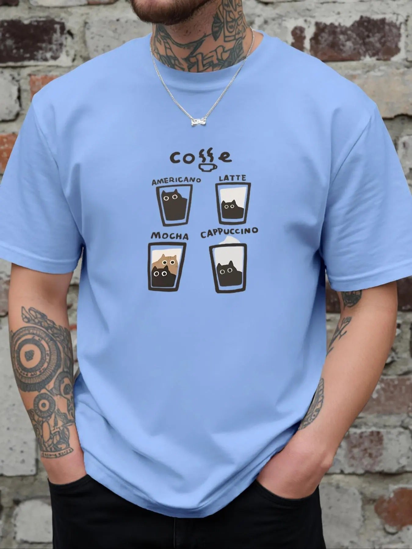 Men's Cartoon Cat & Coffee Print Round Neck Tee, Regular Fit Casual Short Sleeve Crew Neck T-Shirt for Daily Wear, Men's...
