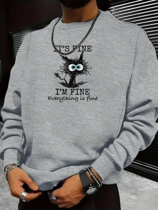 Men's Cartoon Cat & Letter Print Drop Shoulder Sweatshirt, Regular Fit Casual Soft Comfy Long Sleeve Round Neck Pullover...